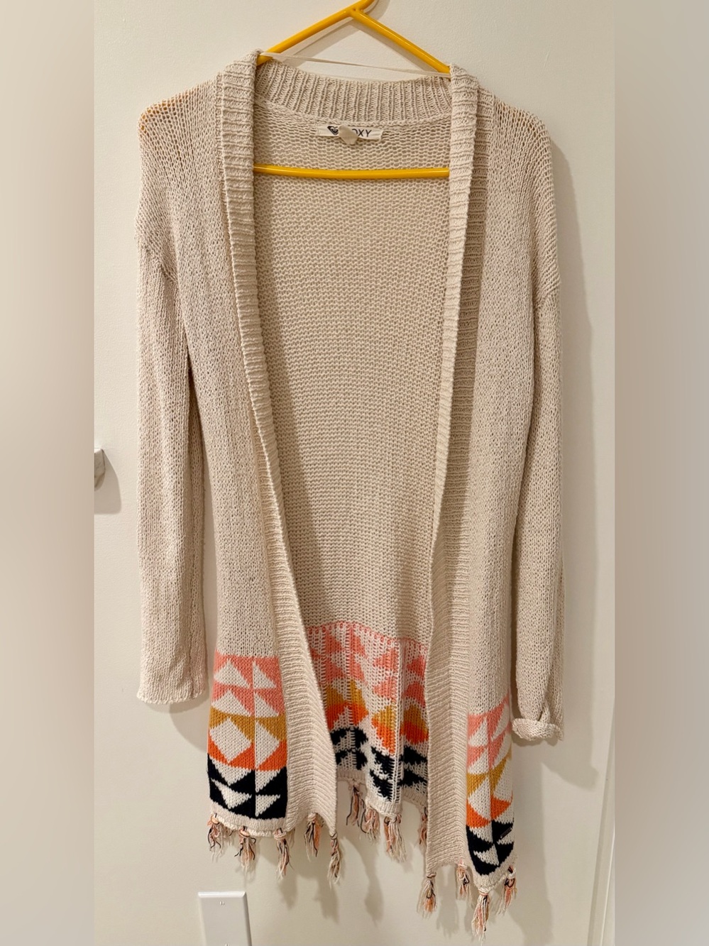 Roxy Boho Western Cream Geometric Pattern Fringe Cardigan Small